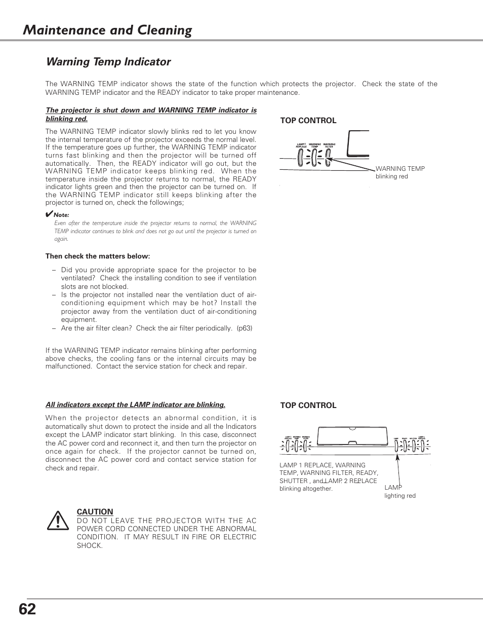 Maintenance and cleaning, Warning temp indicator | Sanyo PLC-EF60 User Manual | Page 62 / 84