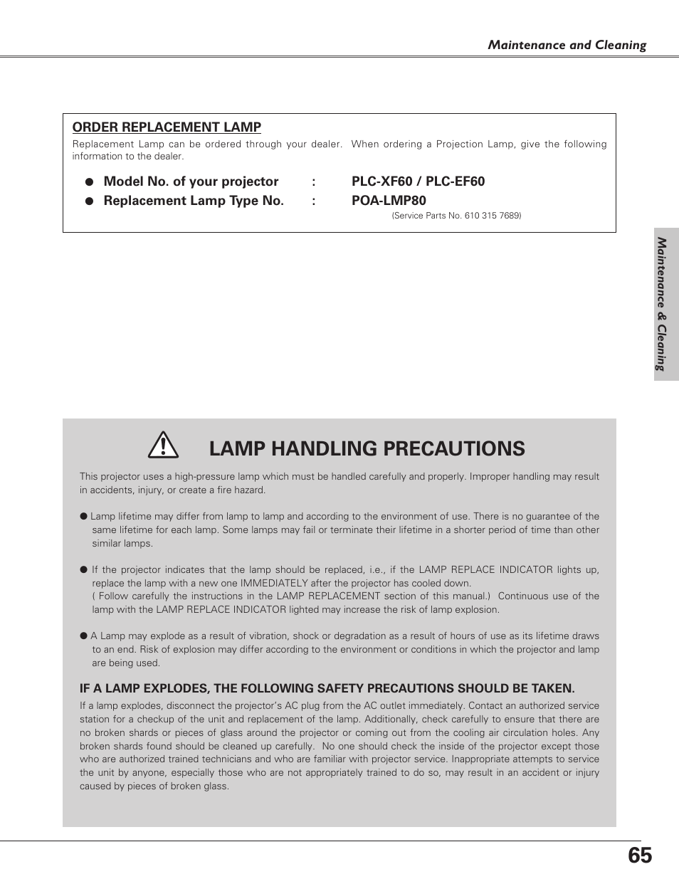 Lamp handling precautions | Sanyo PLC-EF60 User Manual | Page 65 / 84