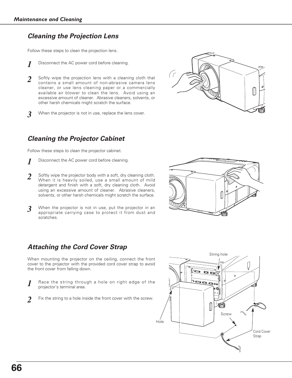 Cleaning the projection lens, Cleaning the projector cabinet, Attaching the cord cover strap | Sanyo PLC-EF60 User Manual | Page 66 / 84
