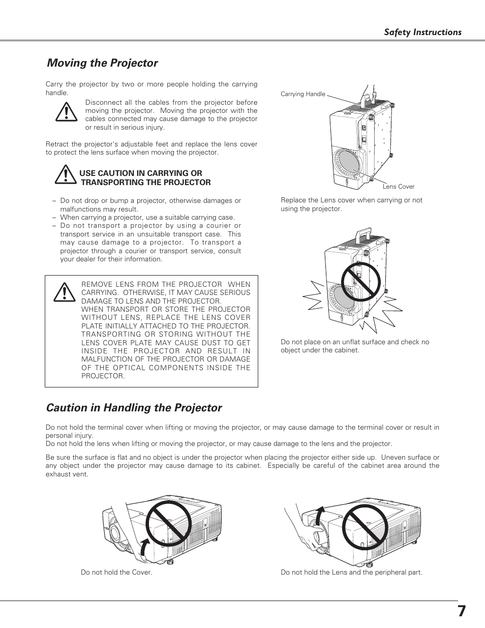 Moving the projector, Caution in handling the proj, Caution in handling the projector | Sanyo PLC-EF60 User Manual | Page 7 / 84