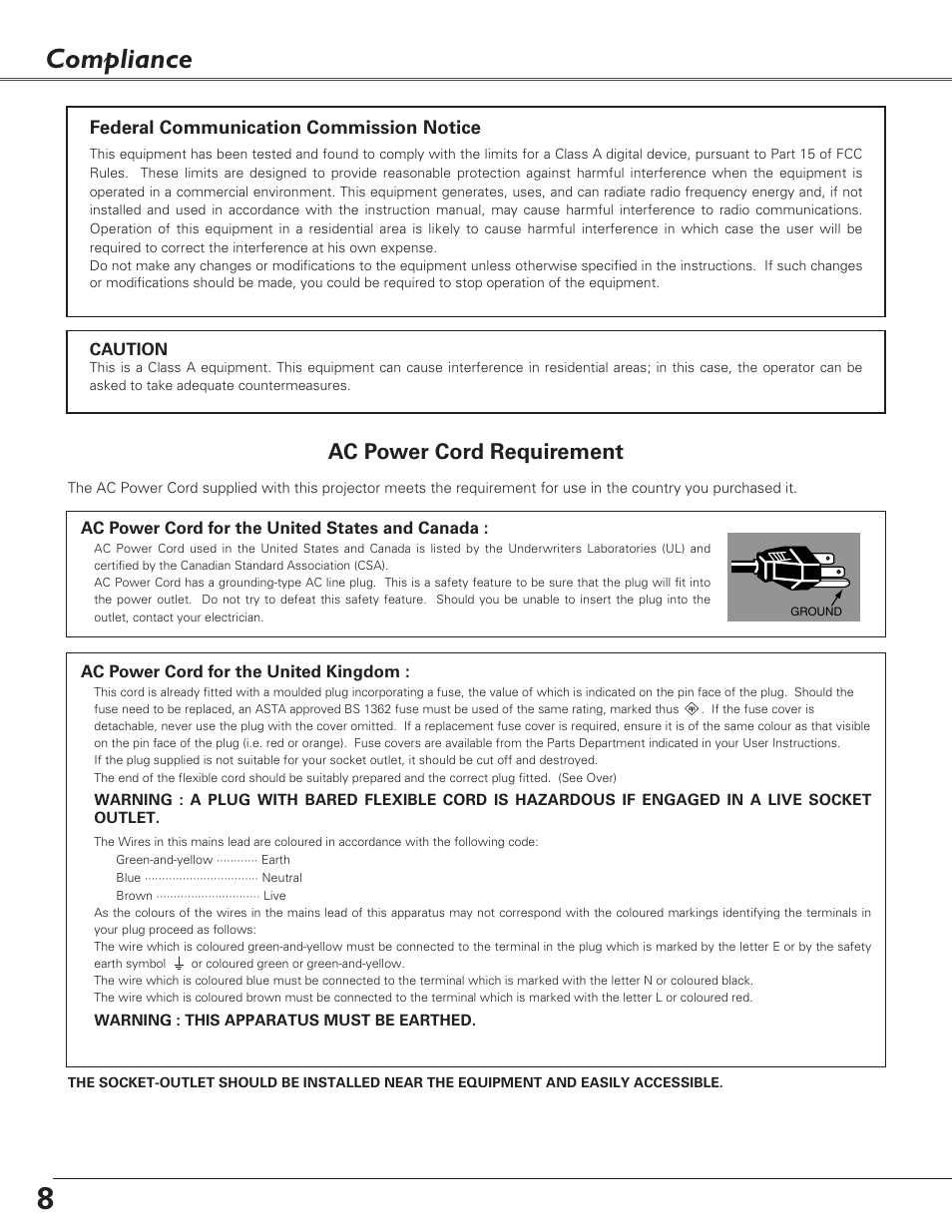Compliance, Ac power cord requirement, Federal communication commission notice | Sanyo PLC-EF60 User Manual | Page 8 / 84