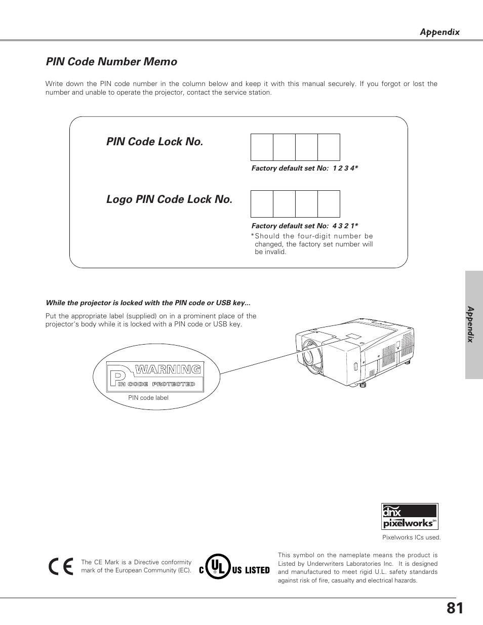 Pin code number memo | Sanyo PLC-EF60 User Manual | Page 81 / 84
