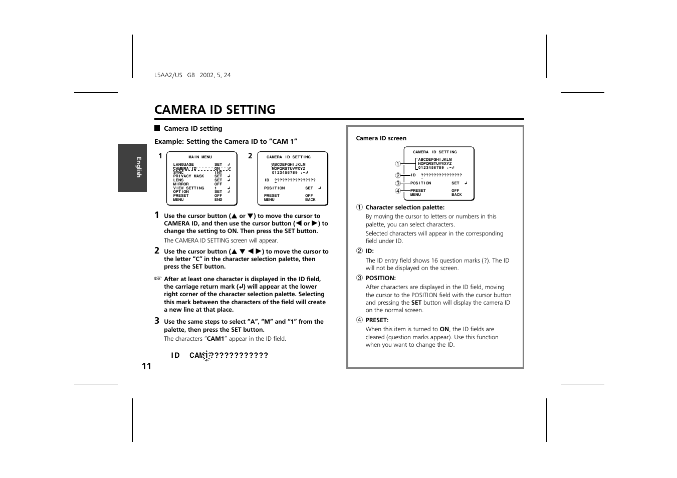 Camera id setting | Sanyo VCC-ZM300 User Manual | Page 12 / 57