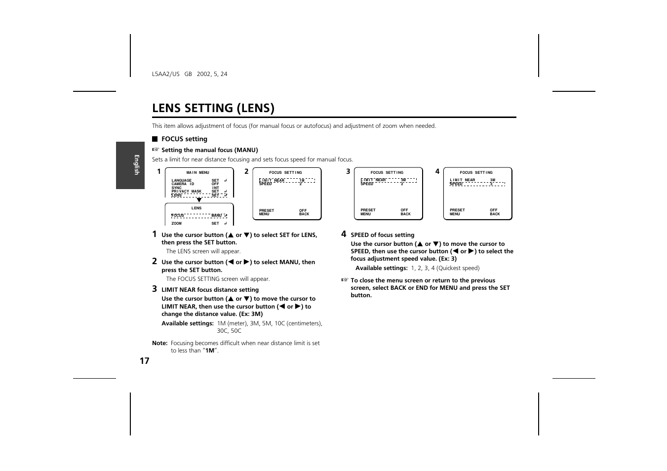 Lens setting (lens) | Sanyo VCC-ZM300 User Manual | Page 18 / 57