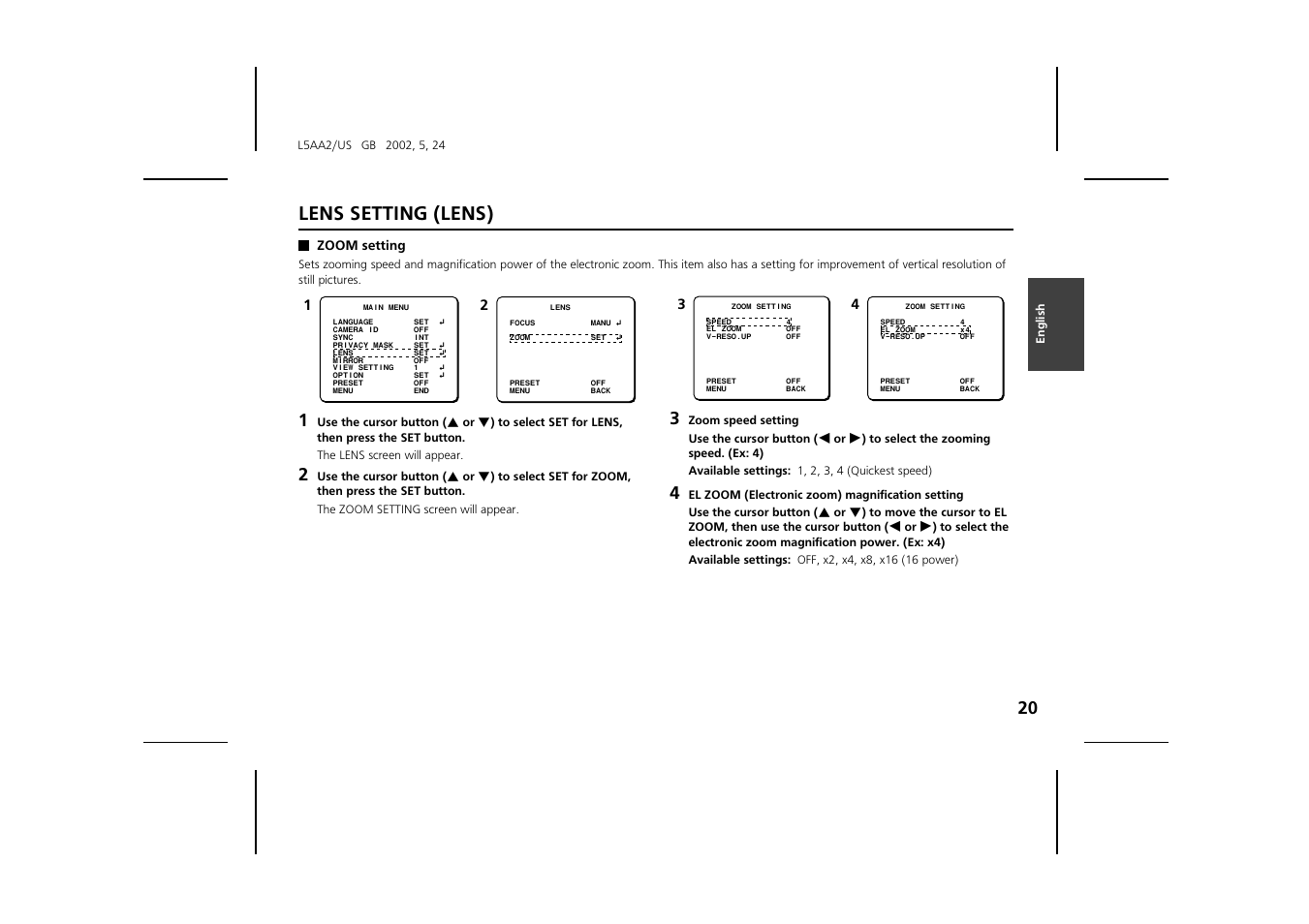 Lens setting (lens) | Sanyo VCC-ZM300 User Manual | Page 21 / 57