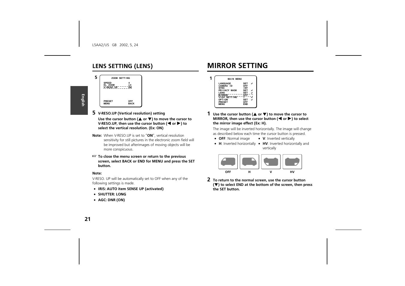 Mirror setting, Lens setting (lens) | Sanyo VCC-ZM300 User Manual | Page 22 / 57
