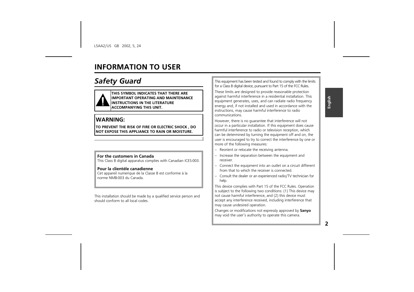 Information to user safety guard | Sanyo VCC-ZM300 User Manual | Page 3 / 57