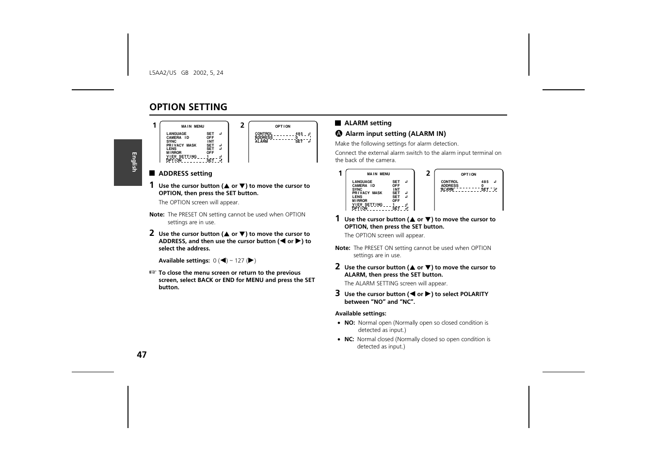 Option setting | Sanyo VCC-ZM300 User Manual | Page 48 / 57