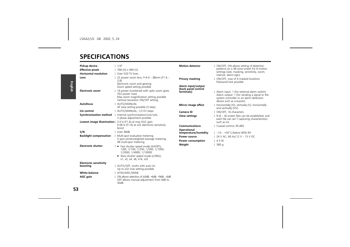 Specifications | Sanyo VCC-ZM300 User Manual | Page 54 / 57