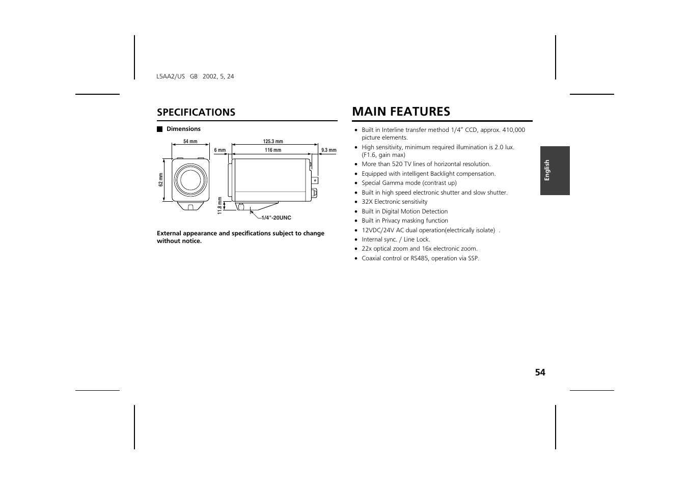 Main features, Specifications | Sanyo VCC-ZM300 User Manual | Page 55 / 57