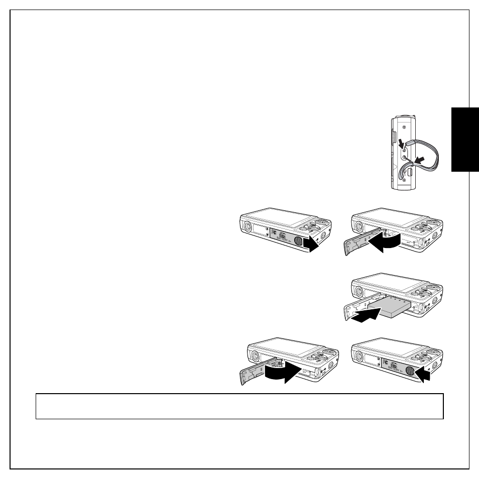 Camera setup, Attaching the wrist strap, Inserting the battery | Eng lish, Camera setup 9 attaching the wrist strap | Sanyo VPC E1292 User Manual | Page 25 / 73