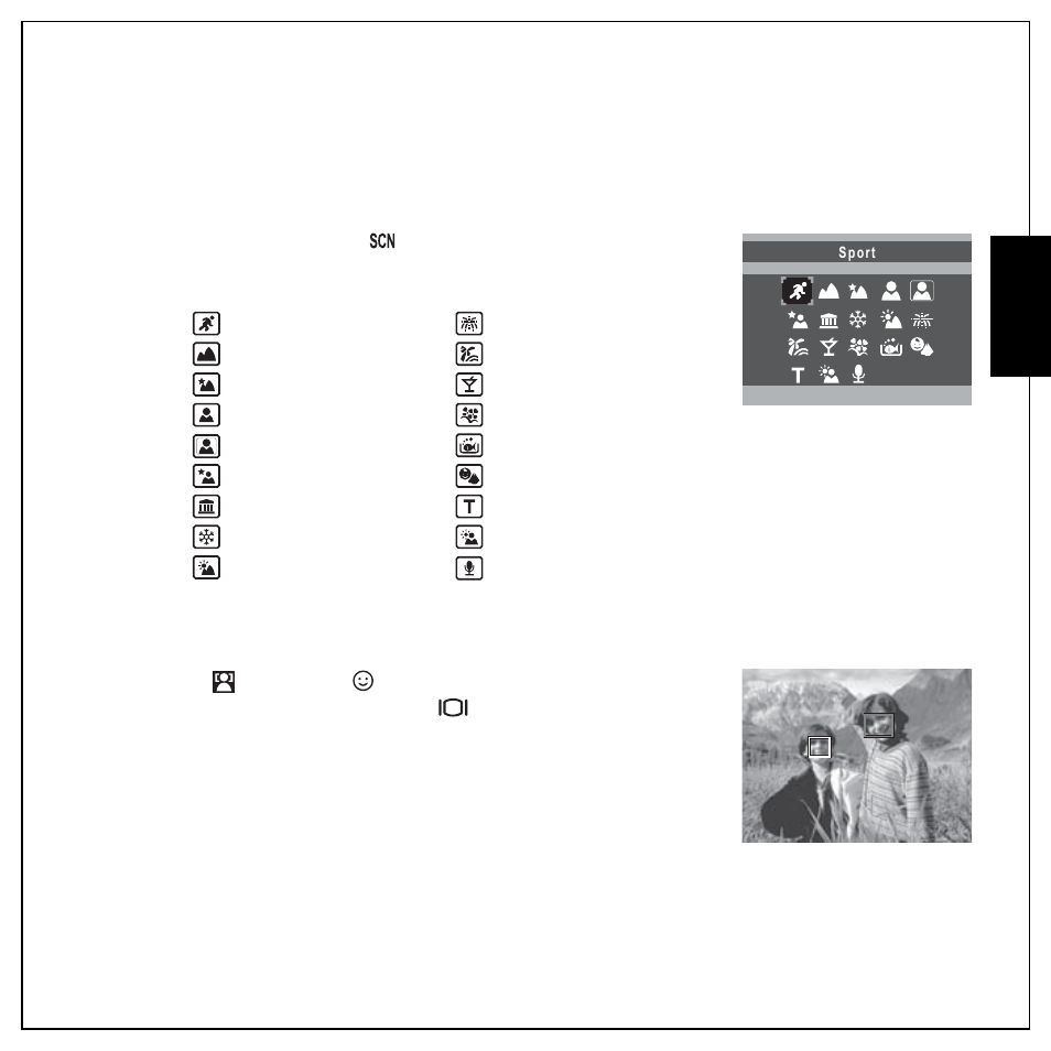 Setting the scene mode, Face and smile detection af/ae function, Eng lish | Sanyo VPC E1292 User Manual | Page 33 / 73