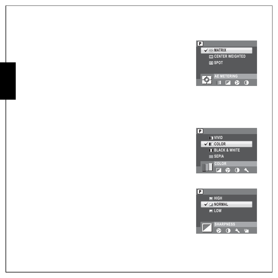 Ae metering, Color, Sharpness | Ae metering color sharpness, English | Sanyo VPC E1292 User Manual | Page 42 / 73