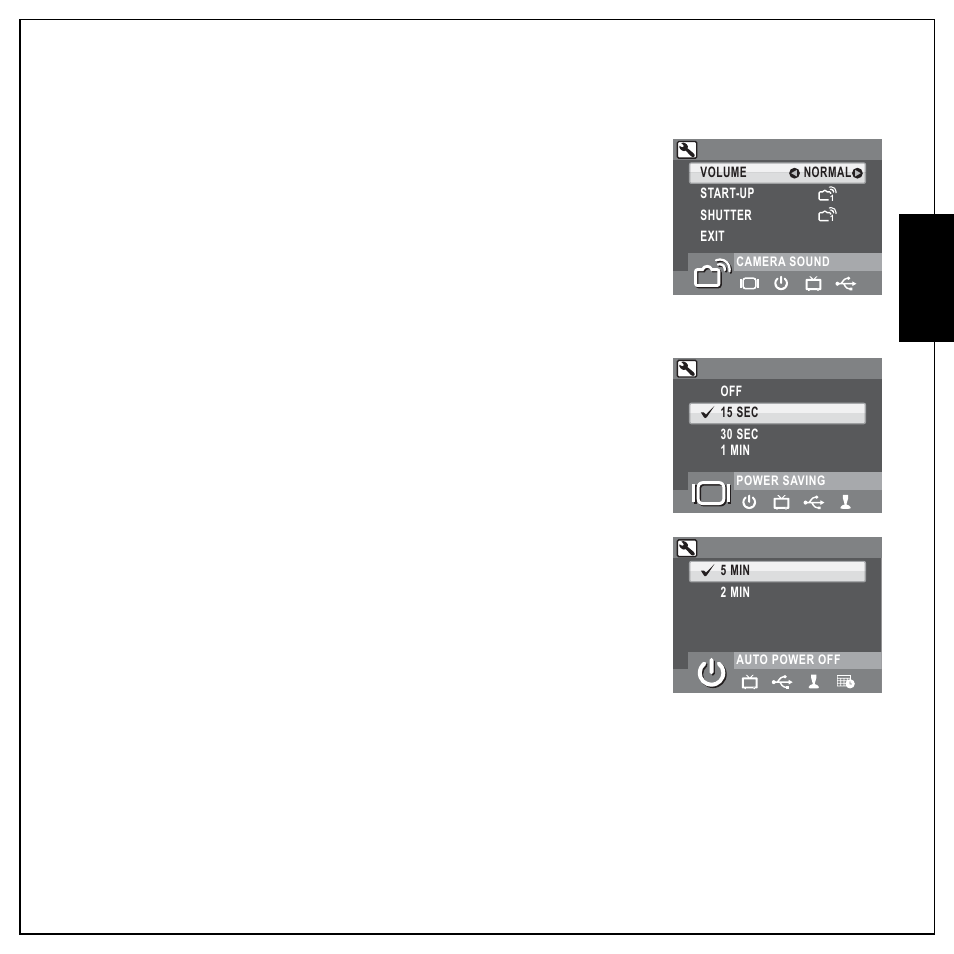 Camera sound, Power saving, Auto power off | Camera sound power saving auto power off, Eng lish | Sanyo VPC E1292 User Manual | Page 59 / 73