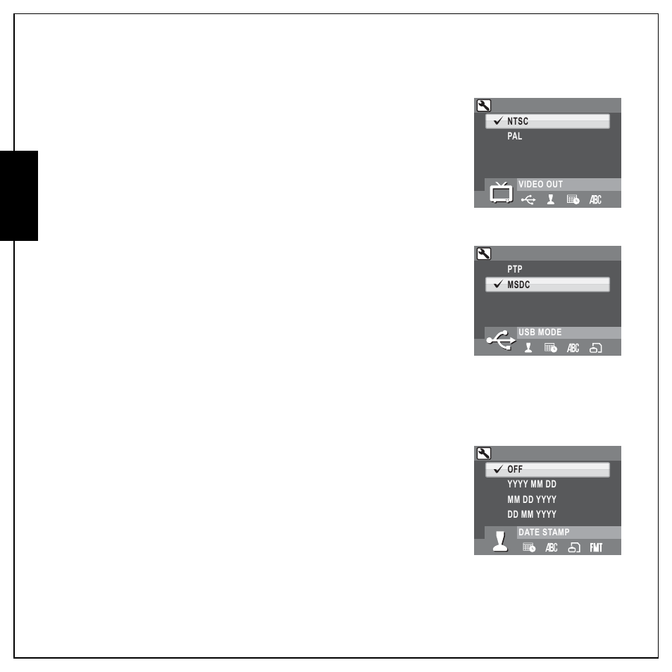 Video out, Usb mode, Date stamp | Video out usb mode date stamp, English | Sanyo VPC E1292 User Manual | Page 60 / 73