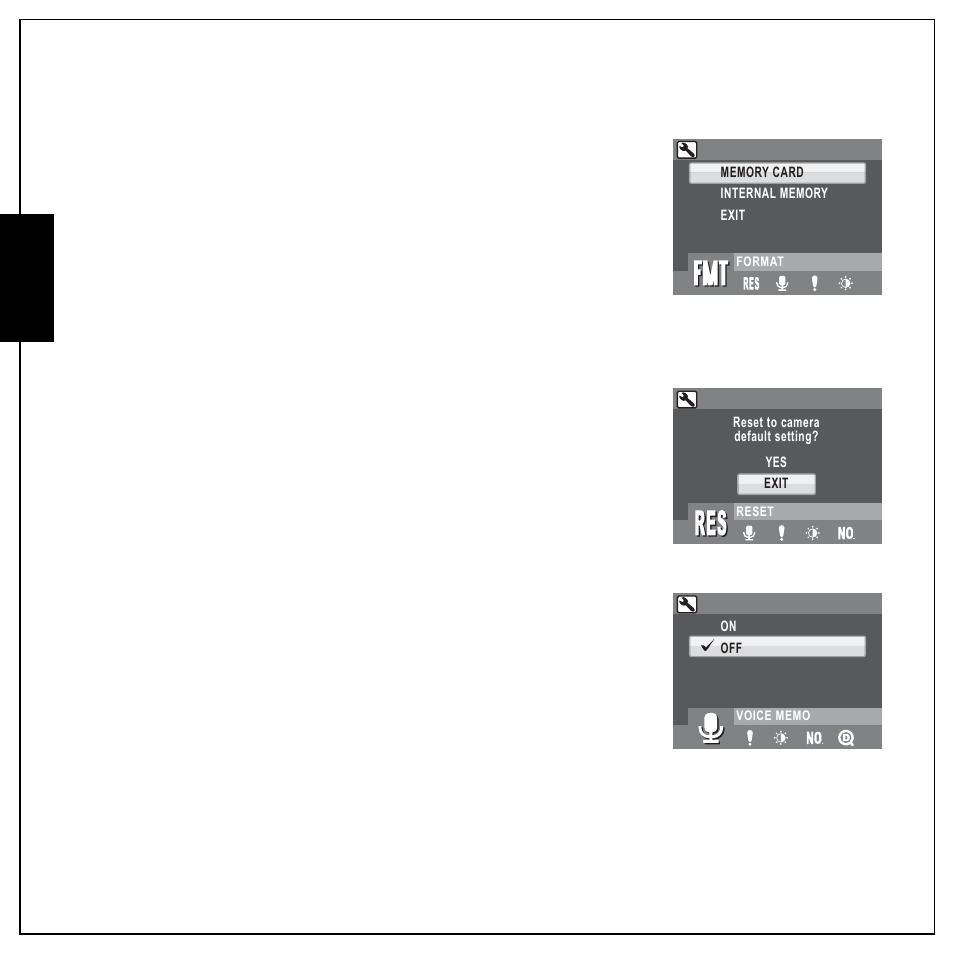 Format, Reset, Voice memo | Format reset voice memo, English | Sanyo VPC E1292 User Manual | Page 62 / 73