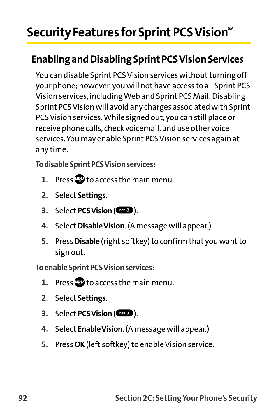 Security features for sprint, Security features for sprint pcs vision, Enabling and disabling sprint pcs vision services | Sanyo MM-8300 User Manual | Page 102 / 324