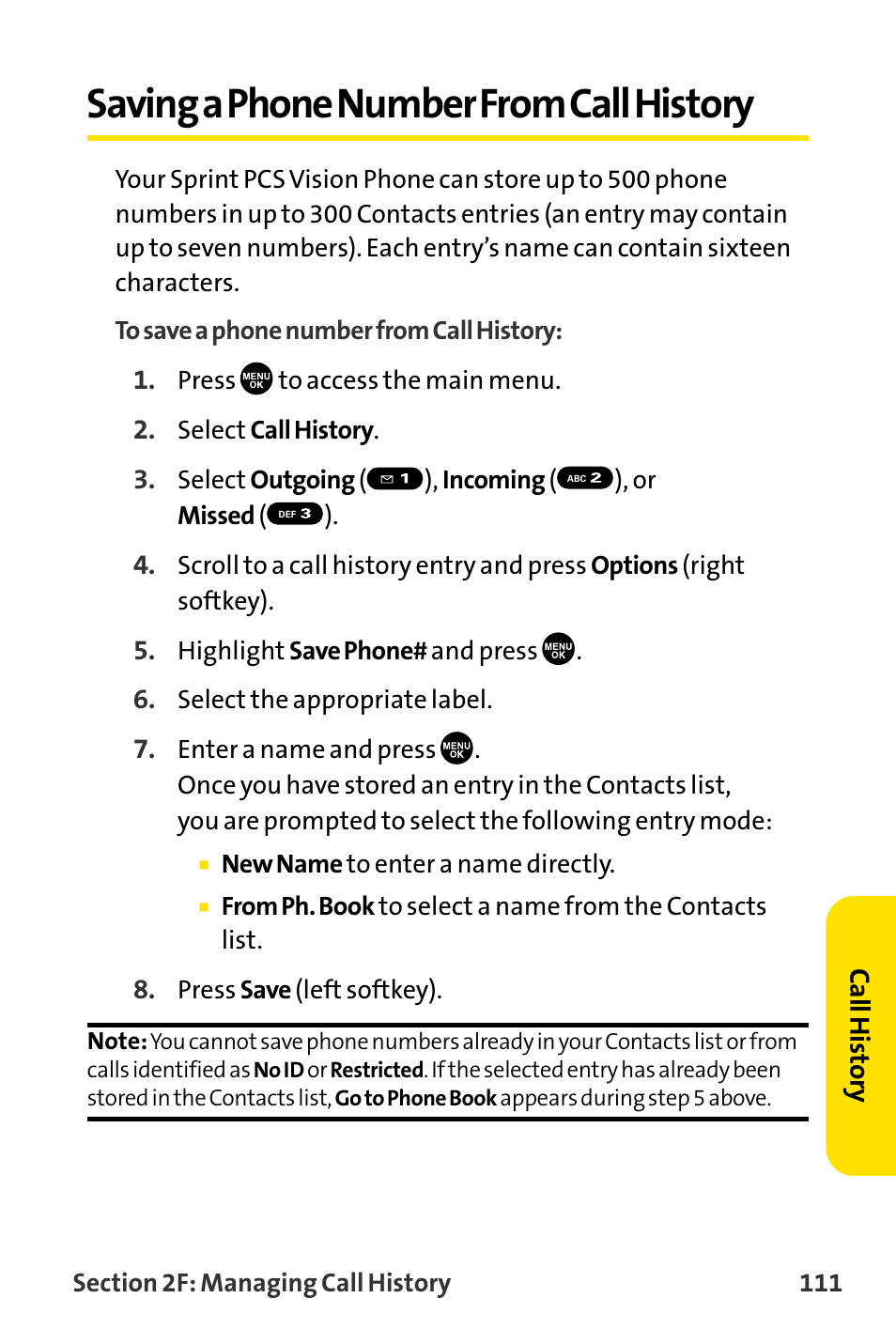 Saving a phone number from c, Saving a phone number from call history, Saving a phone number fromcall history | Sanyo MM-8300 User Manual | Page 121 / 324