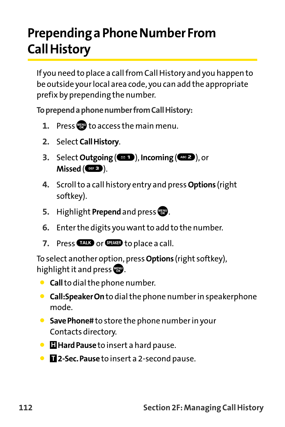 Prepending a phone number fr, Prepending a phone number from call history | Sanyo MM-8300 User Manual | Page 122 / 324