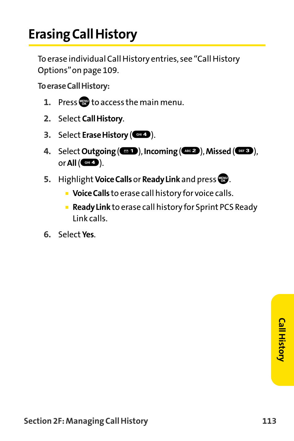 Erasing call history, Call history | Sanyo MM-8300 User Manual | Page 123 / 324
