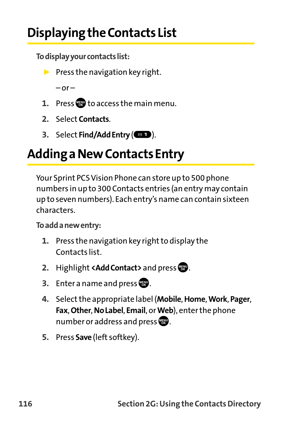 Displaying the contacts list, Adding a new contacts entry | Sanyo MM-8300 User Manual | Page 126 / 324