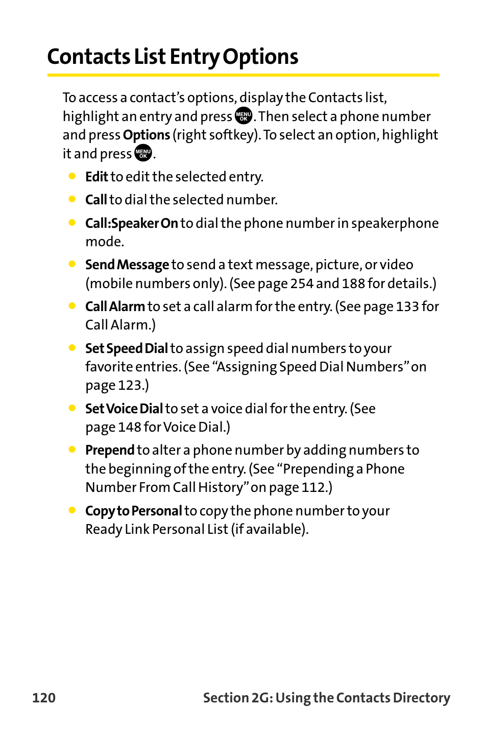 Contacts list entry options | Sanyo MM-8300 User Manual | Page 130 / 324
