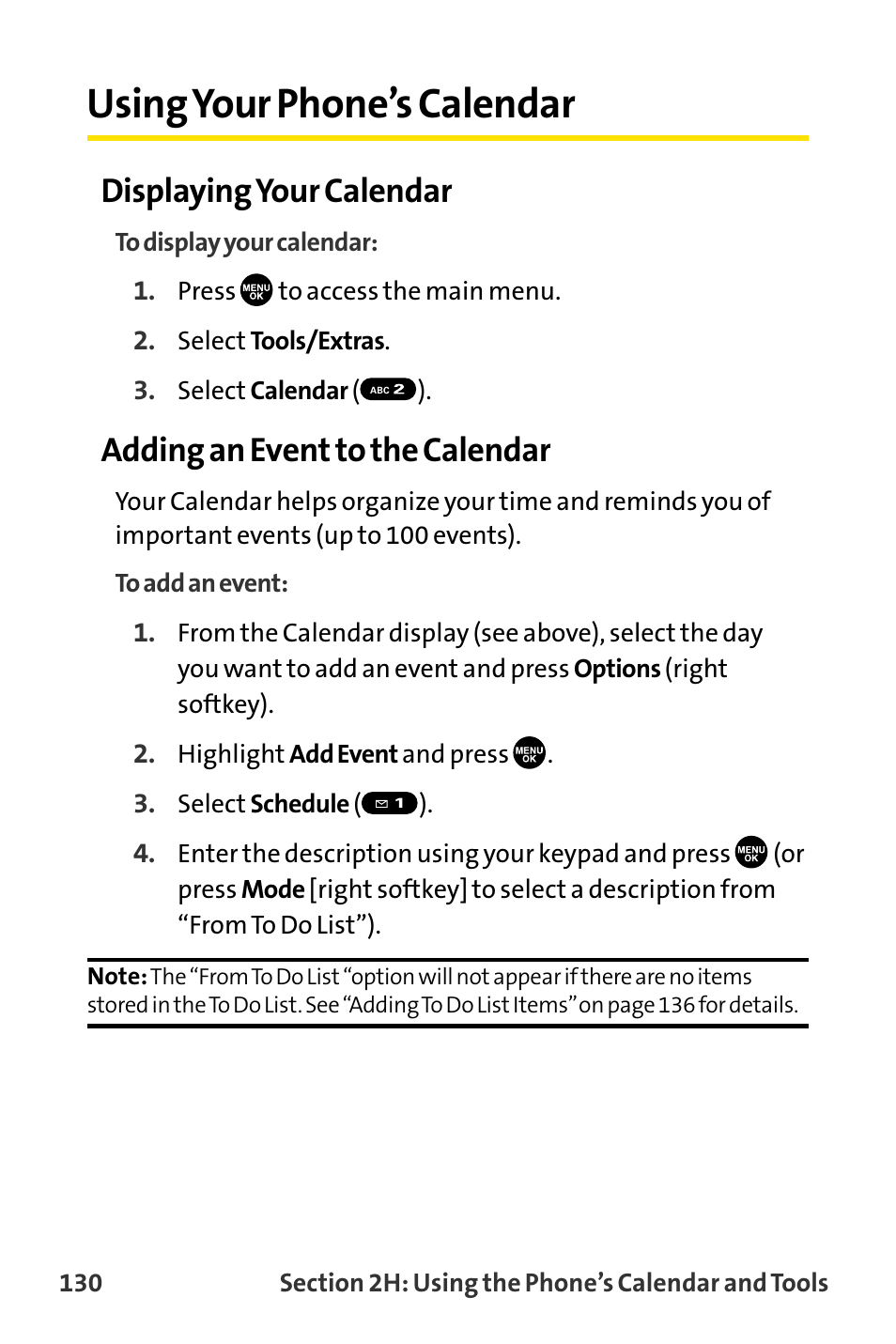 Using your phone’s calendar, Displaying your calendar, Adding an event to the calendar | Sanyo MM-8300 User Manual | Page 140 / 324