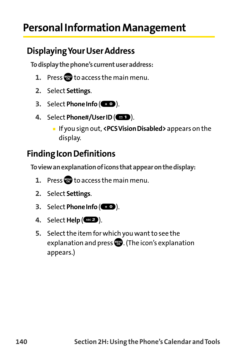 Personal information management, Displaying your user address, Finding icon definitions | Sanyo MM-8300 User Manual | Page 150 / 324