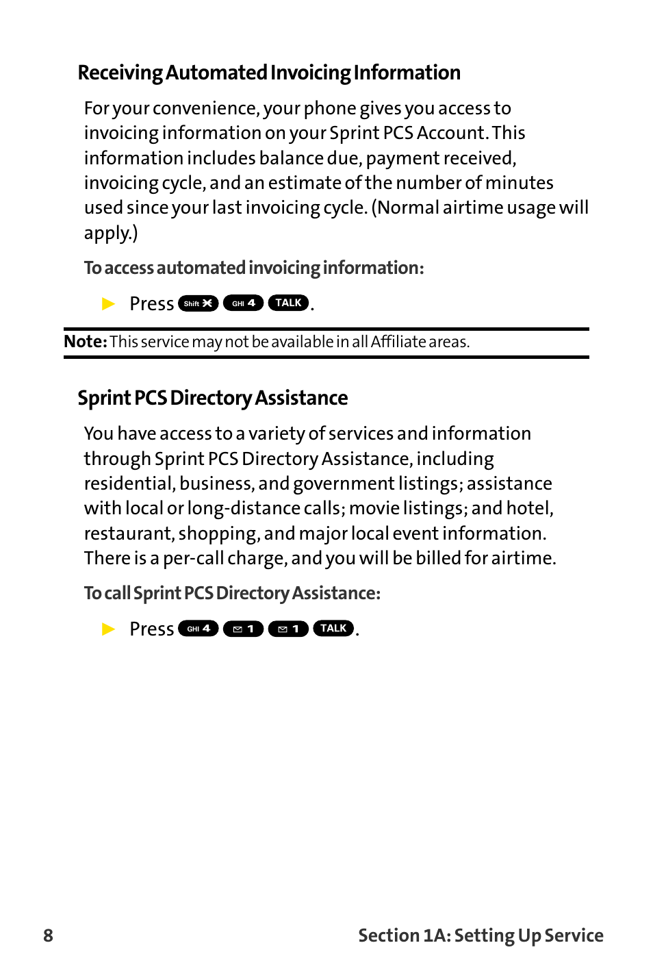 Receiving automated invoicing information, Sprint pcs directory assistance, Press | Sanyo MM-8300 User Manual | Page 18 / 324