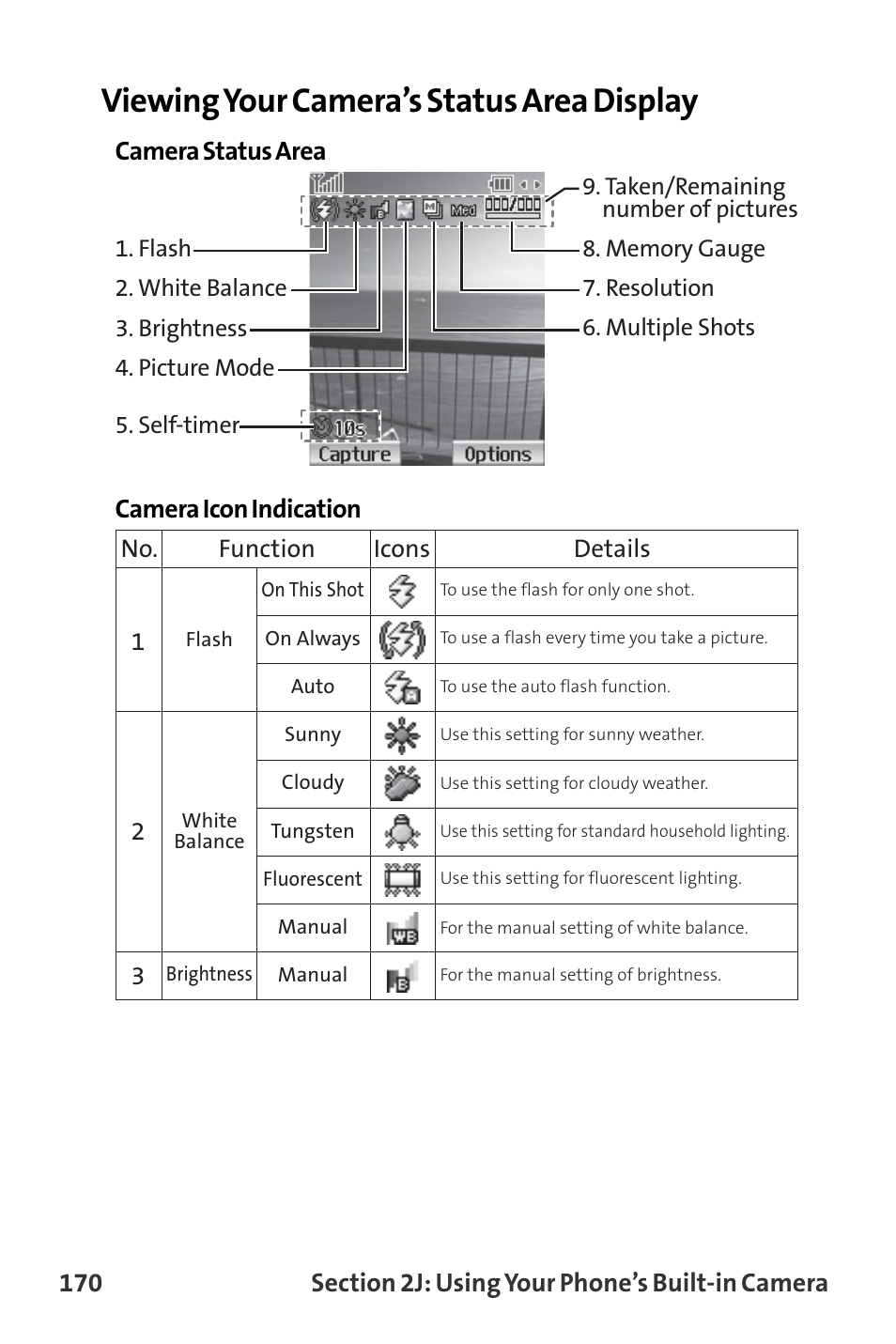 Viewing your camera’s status area display, Camera status area camera icon indication | Sanyo MM-8300 User Manual | Page 180 / 324