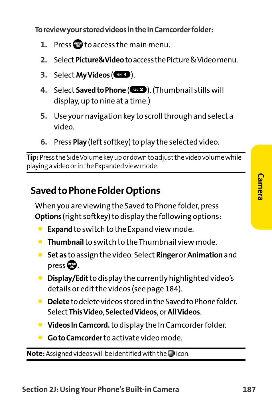 Saved to phone folder options, Camer a | Sanyo MM-8300 User Manual | Page 197 / 324