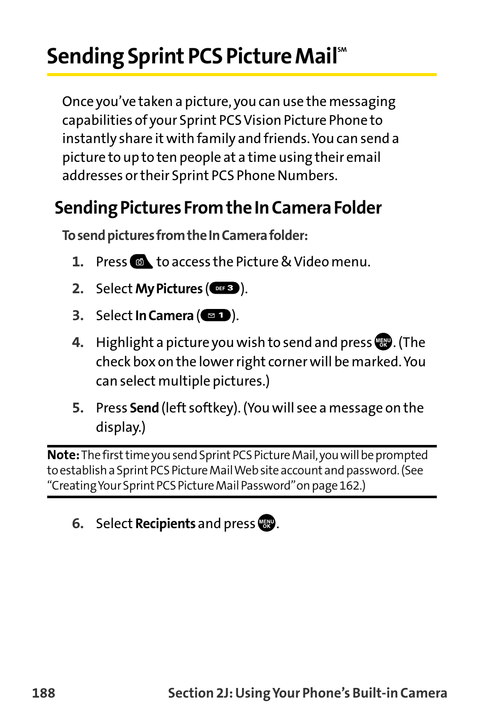 Sending sprint pcs picture mail, Or 188 f, Sending pictures from the in camera folder | Sanyo MM-8300 User Manual | Page 198 / 324
