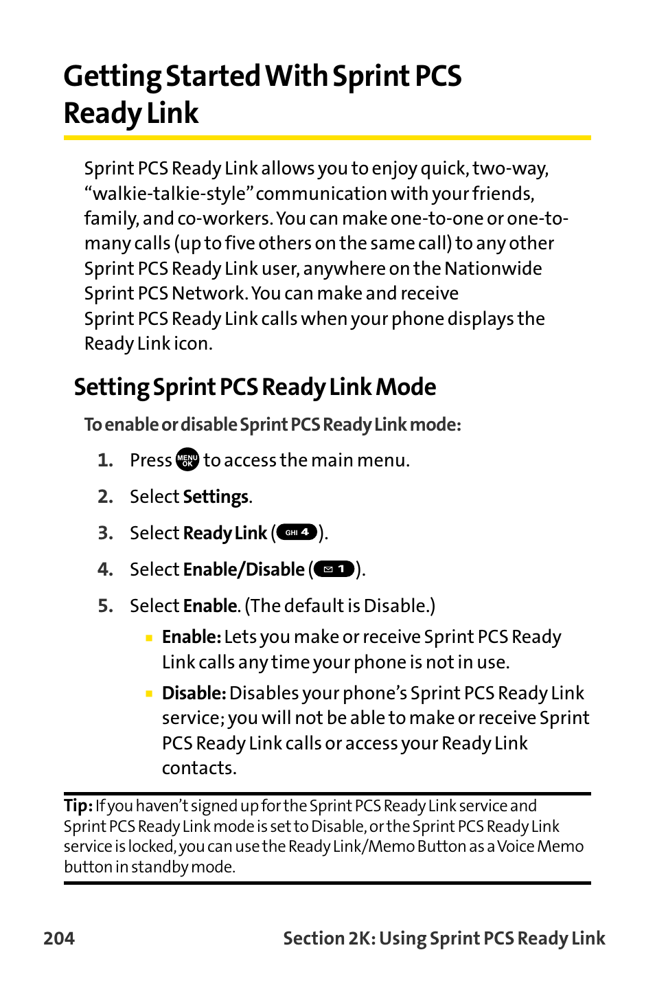 Getting started with sprint, Getting started with sprint pcs ready link, Setting sprint pcs ready link mode | Sanyo MM-8300 User Manual | Page 214 / 324