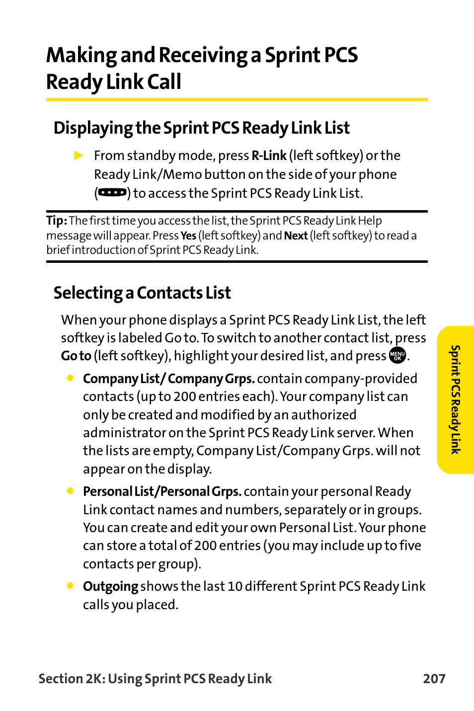 Making and receiving a sprin, Making and receiving a sprint pcs ready link call, Displaying the sprint pcs ready link list | Selecting a contacts list | Sanyo MM-8300 User Manual | Page 217 / 324