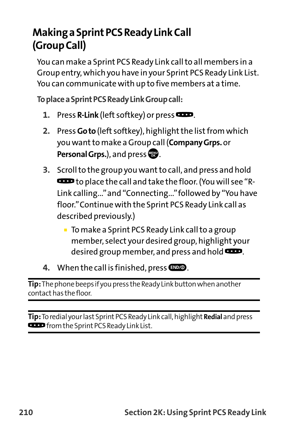 Making a sprint pcs ready link call (group call) | Sanyo MM-8300 User Manual | Page 220 / 324