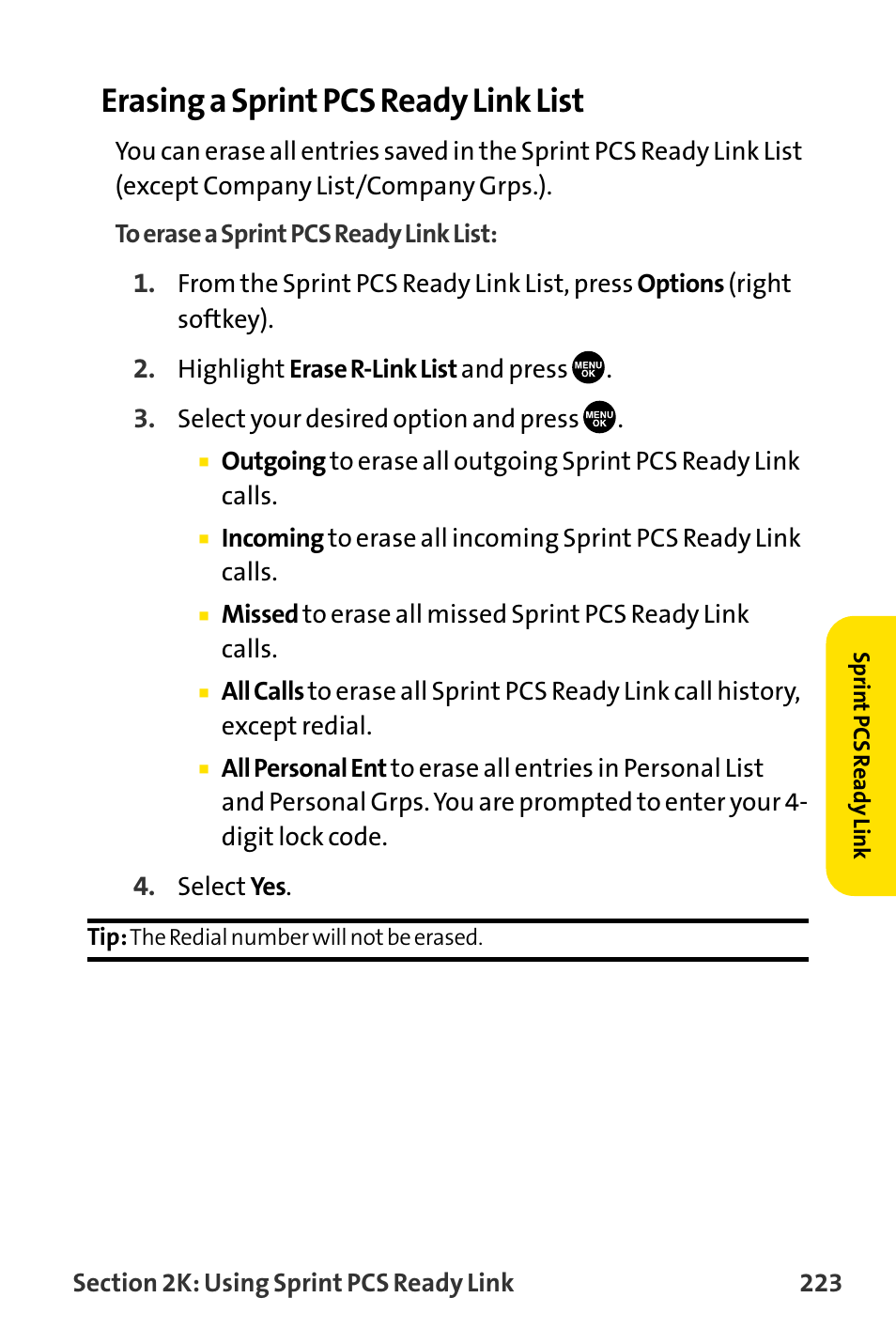Erasing a sprint pcs ready link list | Sanyo MM-8300 User Manual | Page 233 / 324