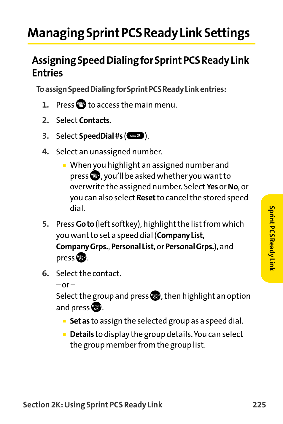 Managing sprint pcs ready li, Managing sprint pcs ready link settings | Sanyo MM-8300 User Manual | Page 235 / 324