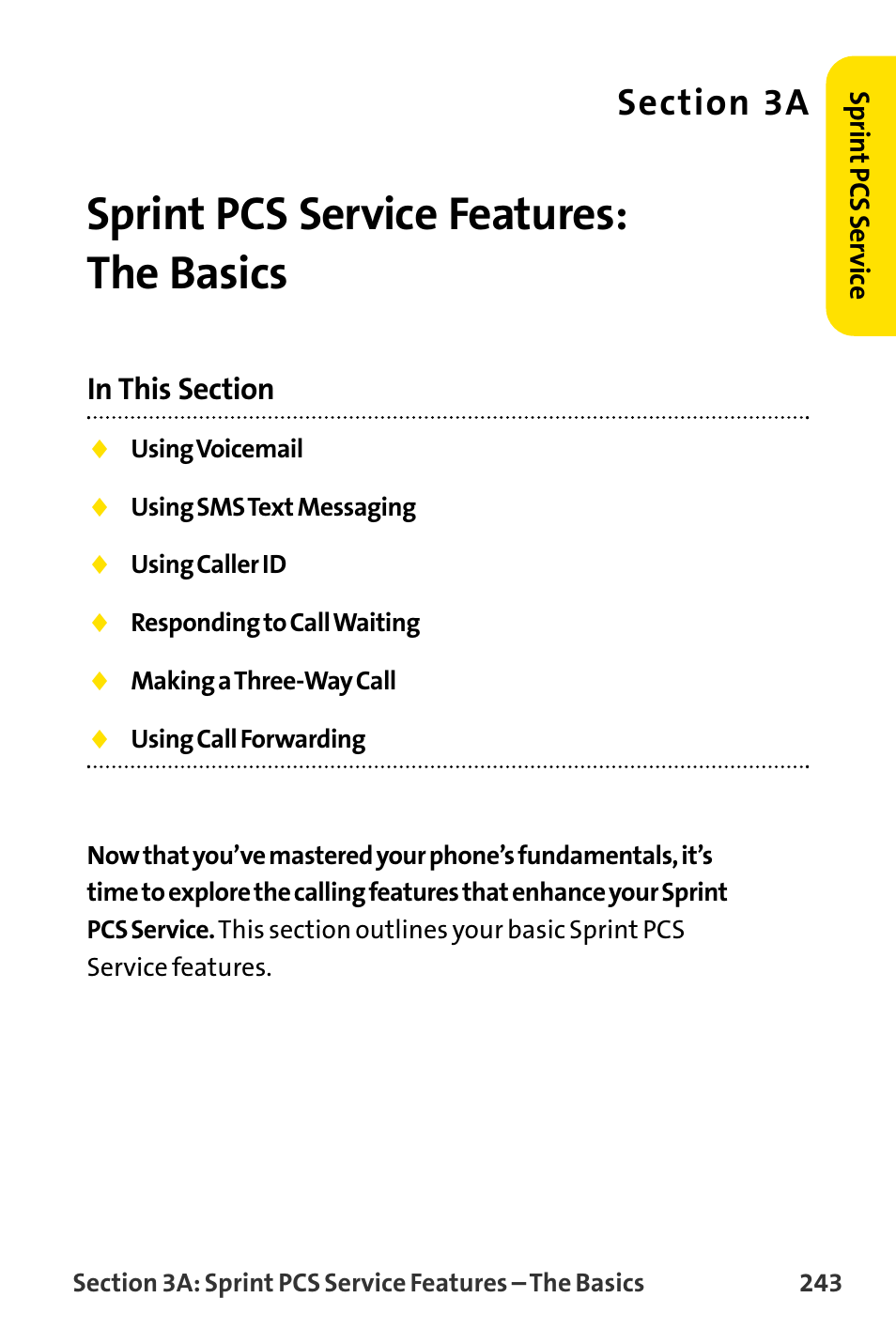 Sprint pcs service features, Sprint pcs service features: the basics | Sanyo MM-8300 User Manual | Page 253 / 324