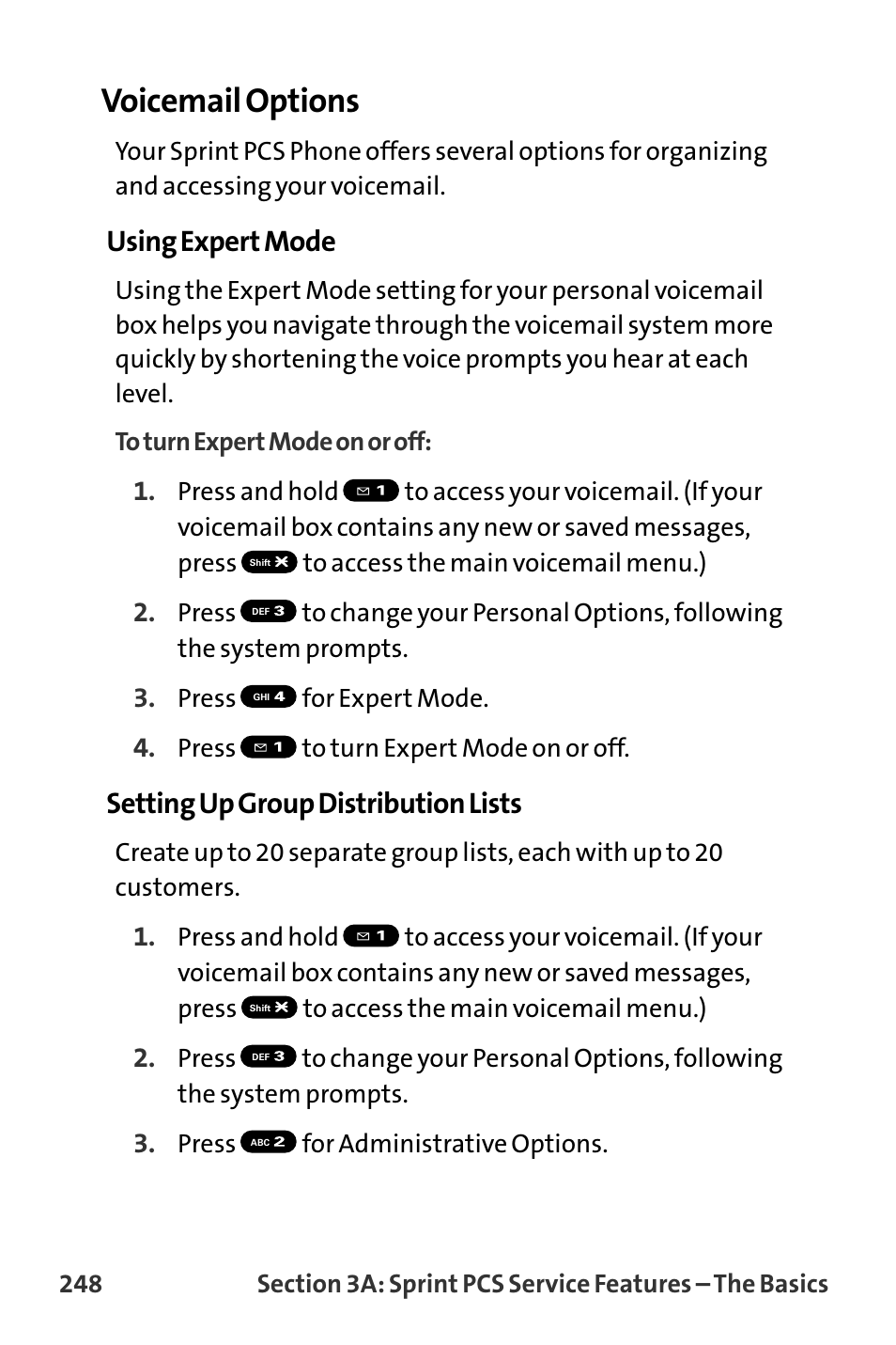 Voicemail options, Using expert mode, Setting up group distribution lists | Sanyo MM-8300 User Manual | Page 258 / 324