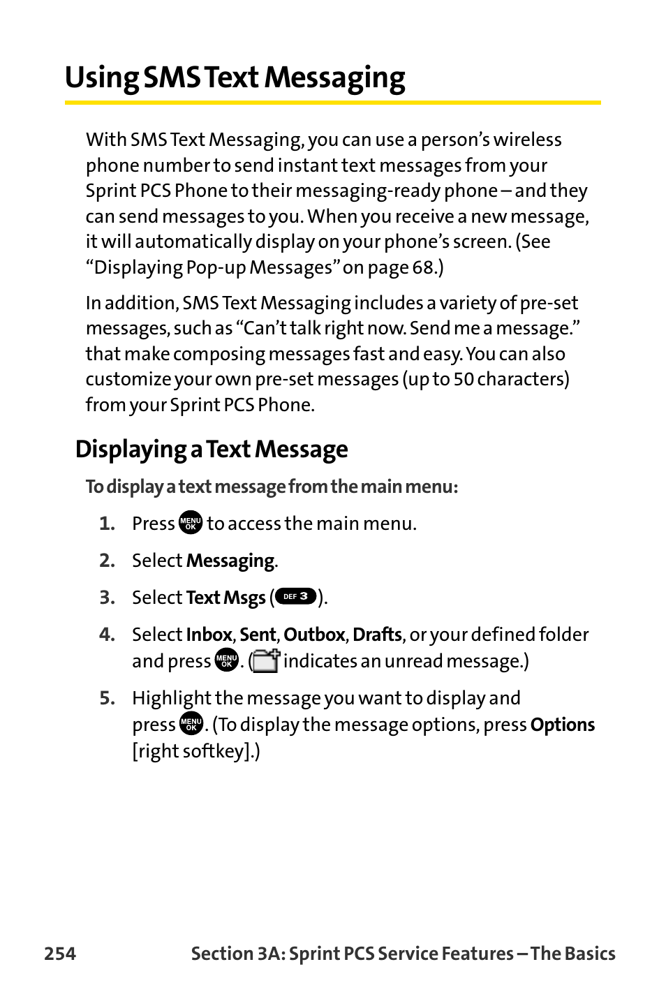 Using sms text messaging, 254, r, Displaying a text message | Sanyo MM-8300 User Manual | Page 264 / 324