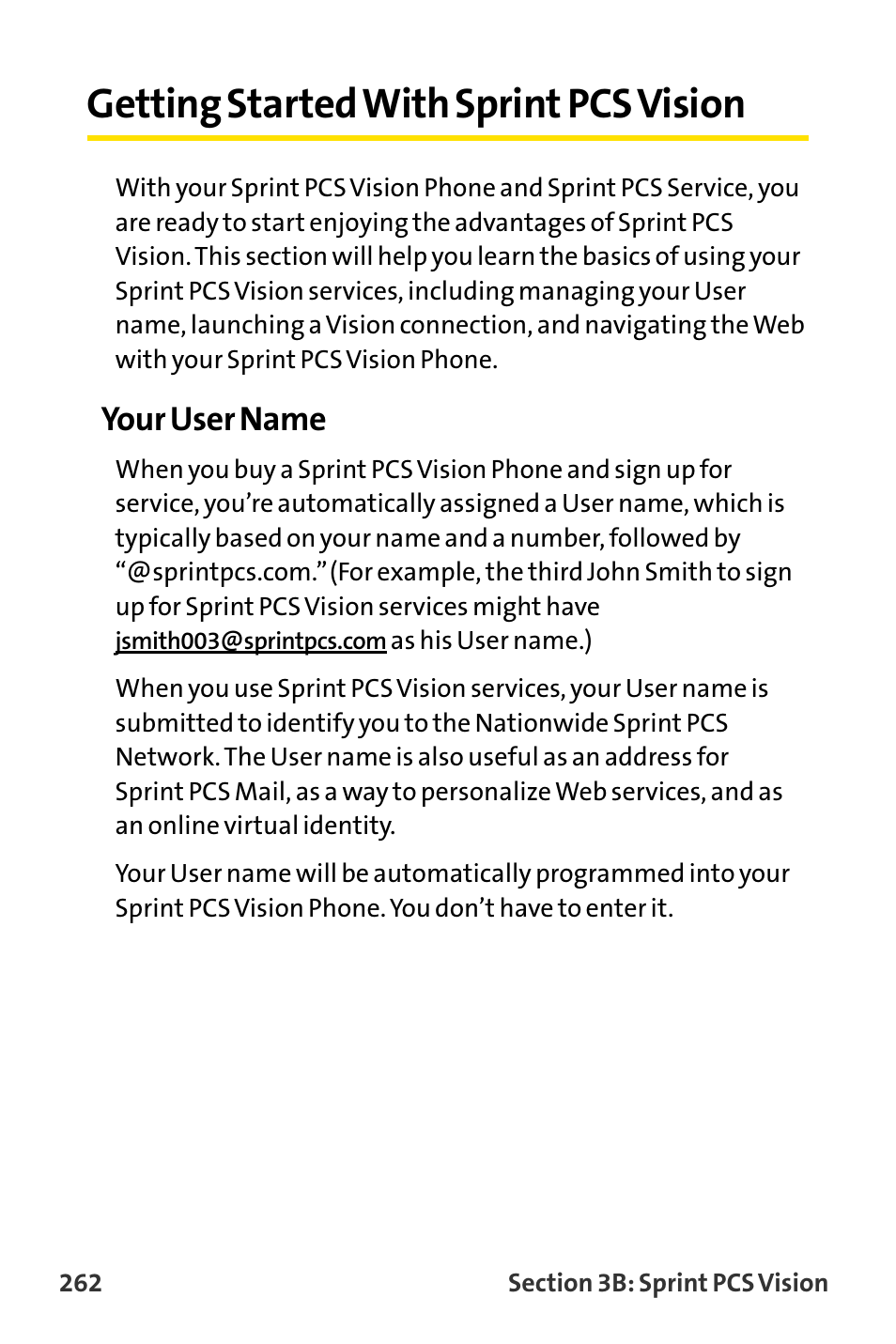 Getting started with sprint, Getting started with sprint pcs vision, Your user name | Sanyo MM-8300 User Manual | Page 272 / 324