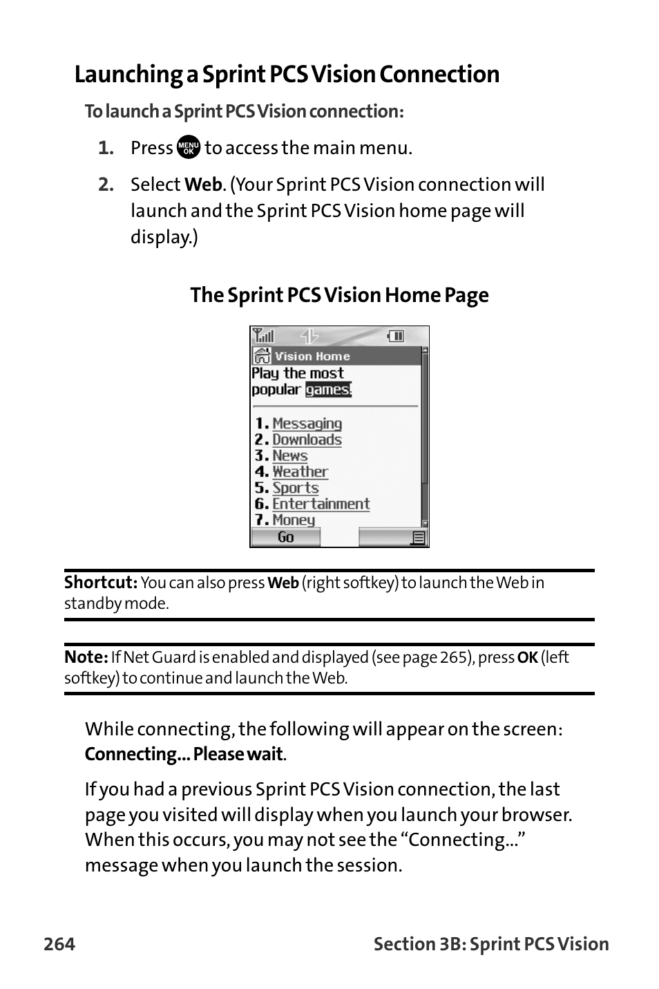 Launching a sprint pcs vision connection, The sprint pcs vision home page | Sanyo MM-8300 User Manual | Page 274 / 324