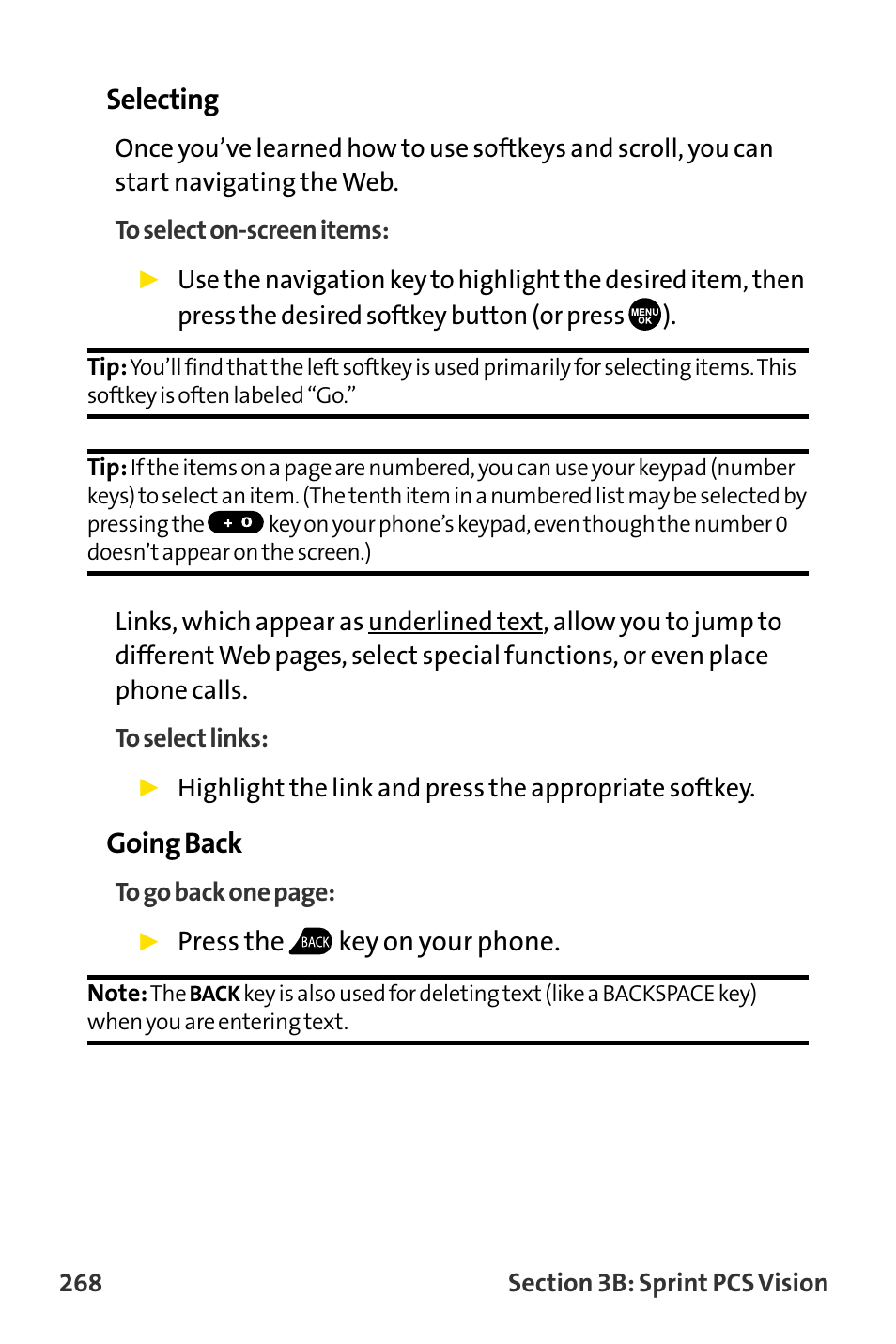 Selecting, Going back, Press the key on your phone | Sanyo MM-8300 User Manual | Page 278 / 324