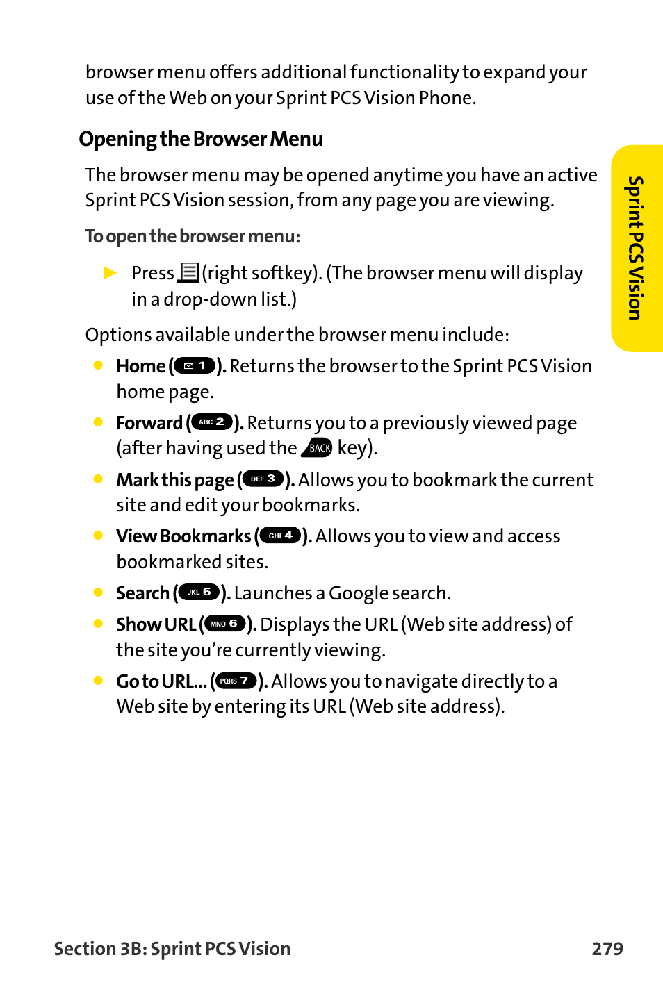 Opening the browser menu, Key), Sprin t pcs v ision | Sanyo MM-8300 User Manual | Page 289 / 324