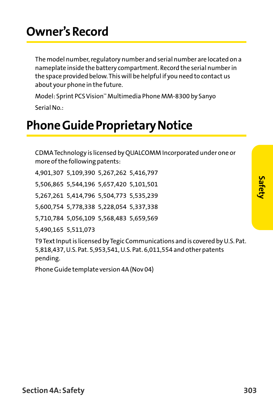 Owner’s record, Phone guide proprietary notice, Saf ety | Sanyo MM-8300 User Manual | Page 313 / 324
