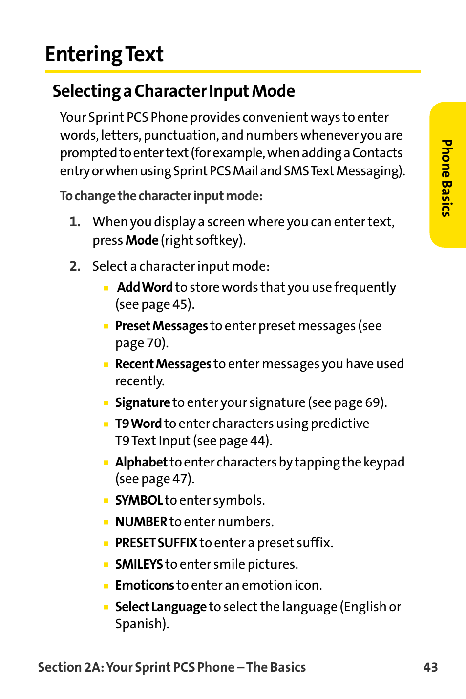 Entering text, Selecting a character input mode, Phone basics | Sanyo MM-8300 User Manual | Page 53 / 324