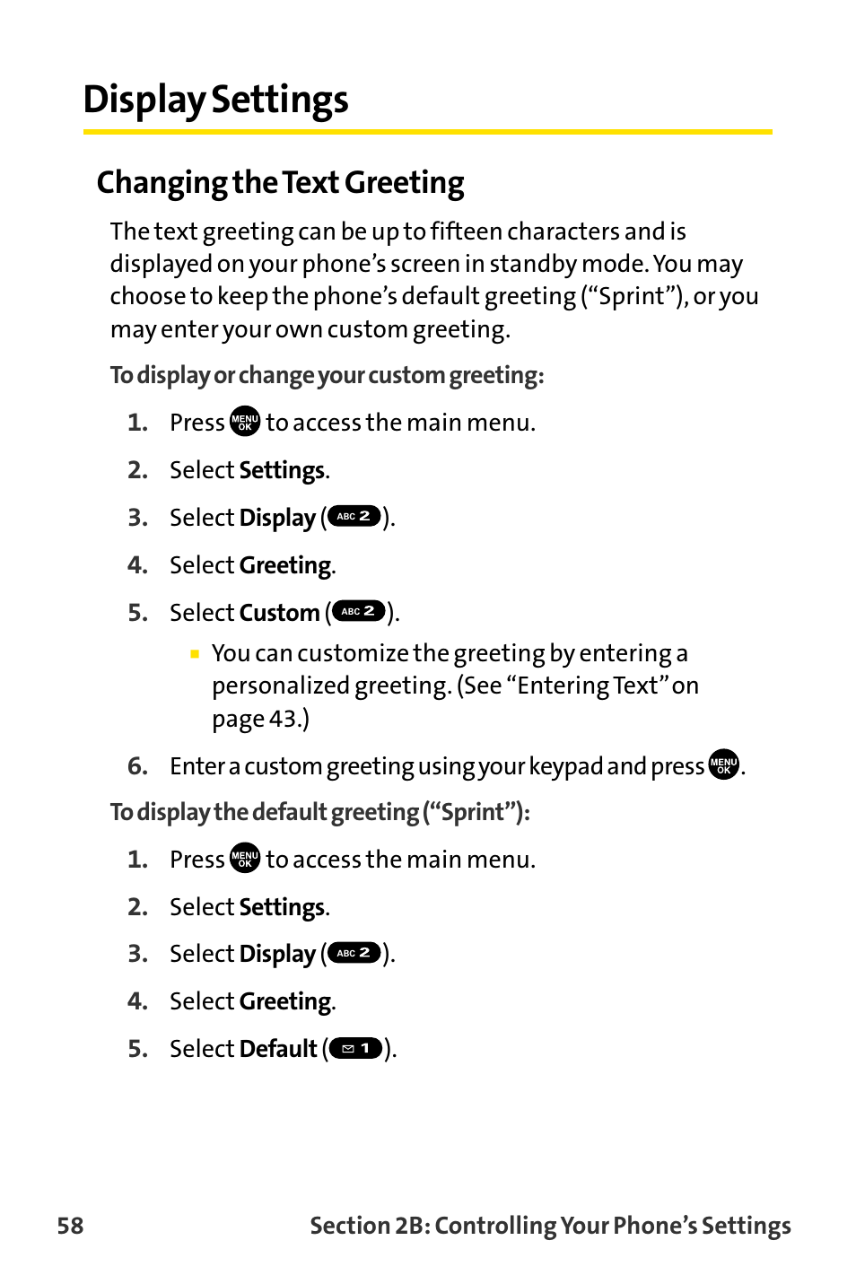 Display settings, Changing the text greeting | Sanyo MM-8300 User Manual | Page 68 / 324