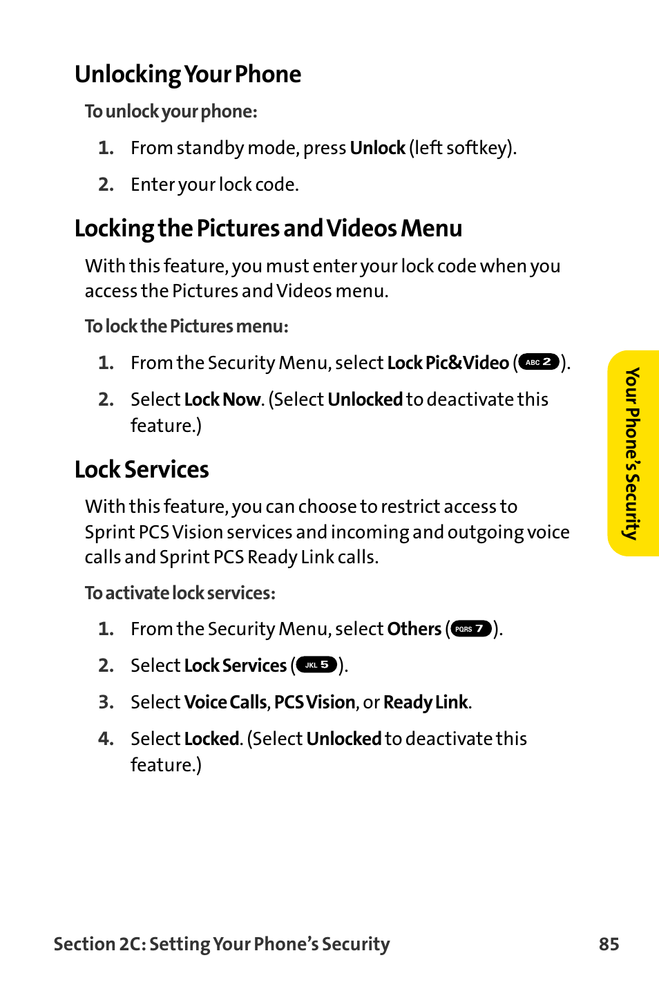 Unlocking your phone, Locking the pictures and videos menu, Lock services | Sanyo MM-8300 User Manual | Page 95 / 324