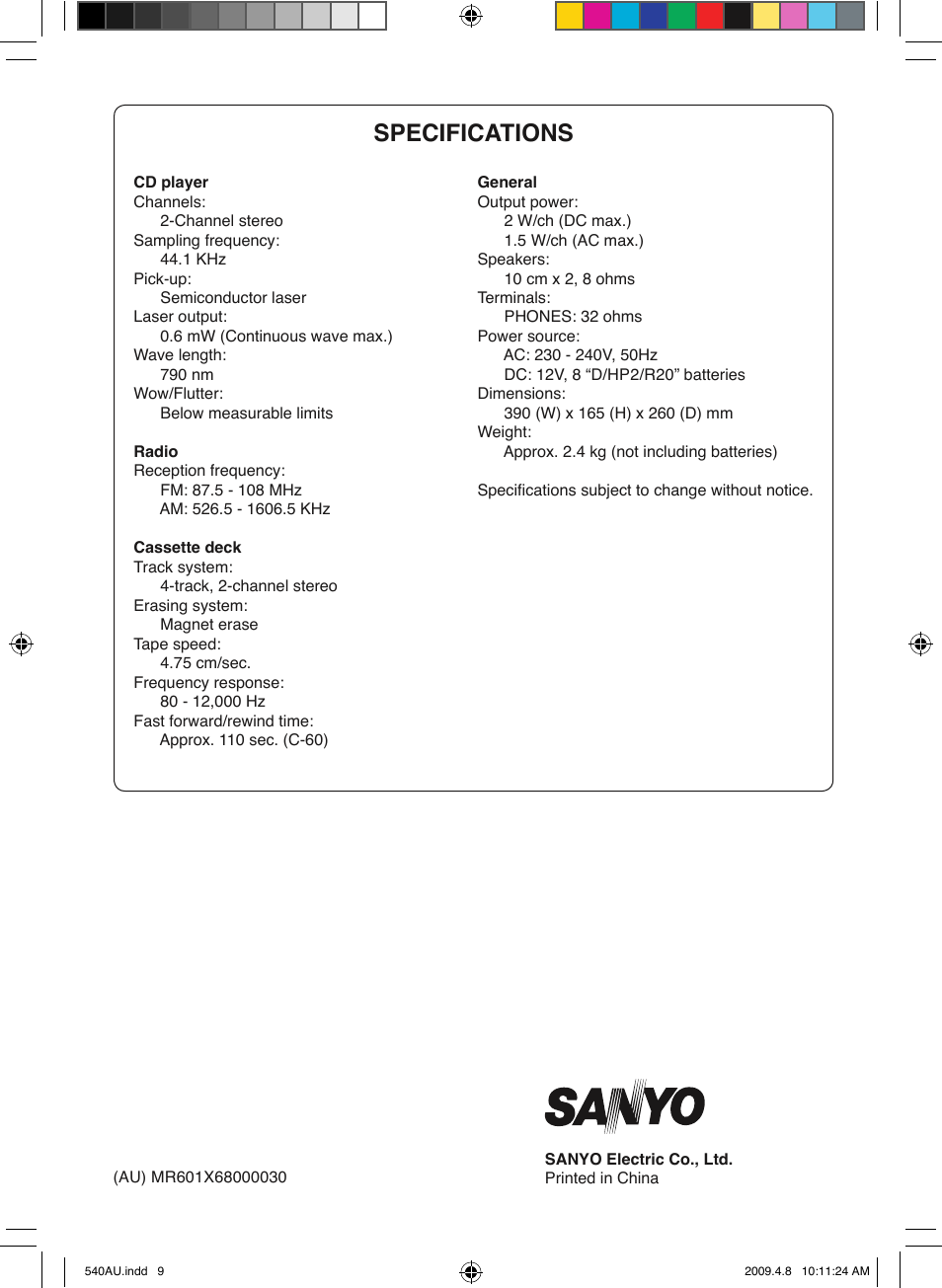 Specifications | Sanyo MCD-ZX541F User Manual | Page 10 / 10