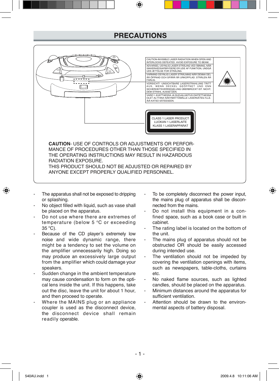 Precautions | Sanyo MCD-ZX541F User Manual | Page 2 / 10